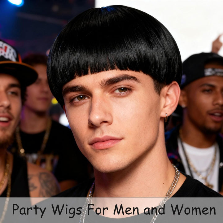 Short Black Straight Wig for Men Women, Short Mushroom Wig with Full Bang Funny Bowl Cut Hairstyle, Men'S 60S 70S 80S Hair Costume Movie Role Play Fancy Dress Cosplay Party Halloween (Black)