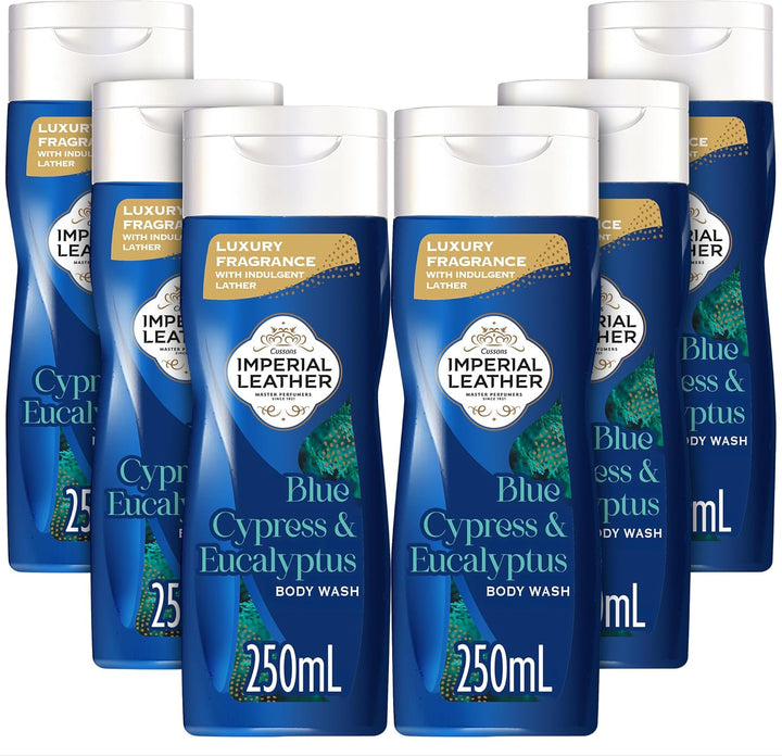 Blue Cypress & Eucalyptus Body Wash Shower Gel, Signature Oil Blend, Creamy Indulgent Lather, Luxury Fragrance, Bulk Buy, Pack of 6 X 250Ml