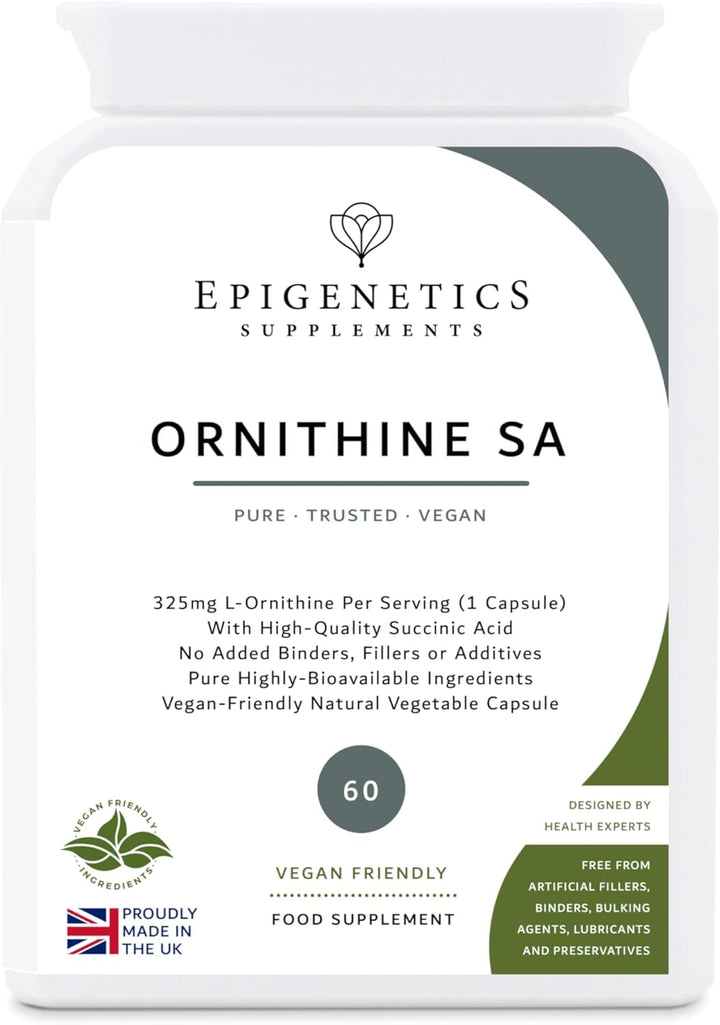 Ornithine SA | 325Mg L-Ornithine (Hcl) Amino Acid + Succinic Acid Natural Antioxidant | 60 Vegan Friendly Capsules UK Made | 1 Capsule Daily (2 Month Supply)