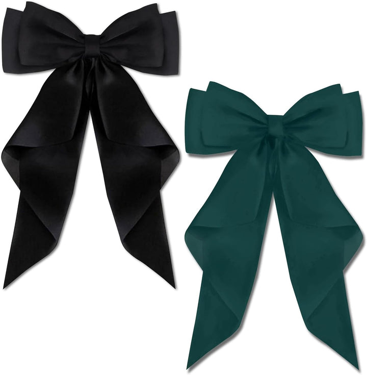 2 PCS Big Bow Hair Clips with Long Silky Satin, Solid Color French Barrette Simple Hair Fastener Accessories for Women Girls