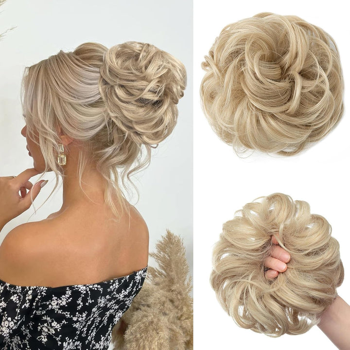 Messy Bun Hair Piece, Wavy Curly Messy Bun Scrunchie, Thick Tousled Hair Pieces for Women Girl(Black）