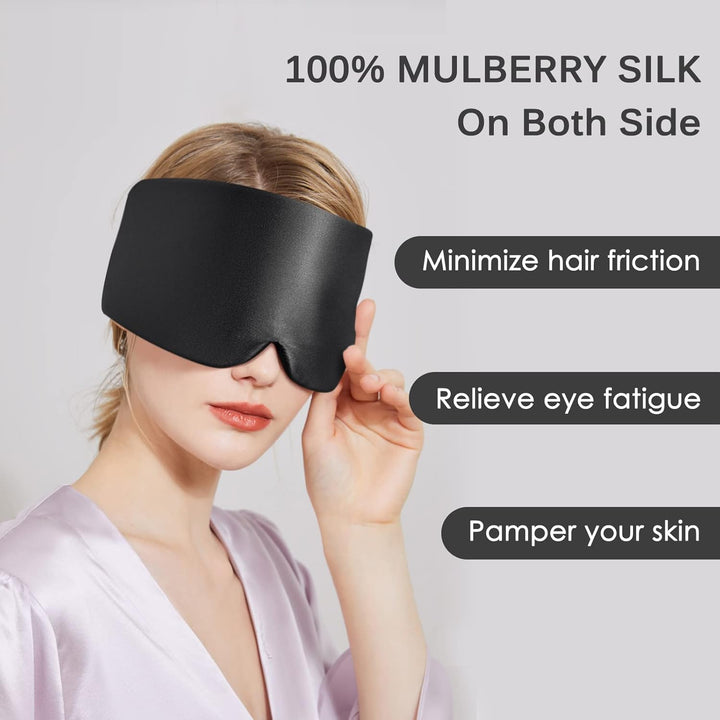 Sleep Mask, 100% Natural Mulberry Silk Eye Mask for Women and Men with Adjustable Strap, Large in Size, Blindfold for All Night Sleep, Black