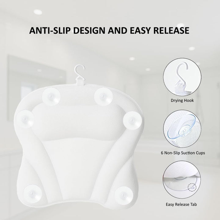 Luxury Bath Pillow for Bathtub - Comfortable Head, Neck & Back Support Spa Pillow - 4D Mesh Cushion with 6 Suction Cups - Fits All Bathtubs, Hot Tubs & Spa Tubs - Quick-Dry Bath Pillow White