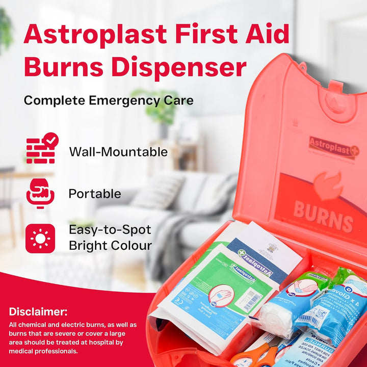 First Aid Burns Dispenser in Compact Red Piccolo Box - Refillable First Aid Kit with Burn Gel, Gloves and Burn Dressings - Essential Medical Equipment for Home, Workplace, or Car