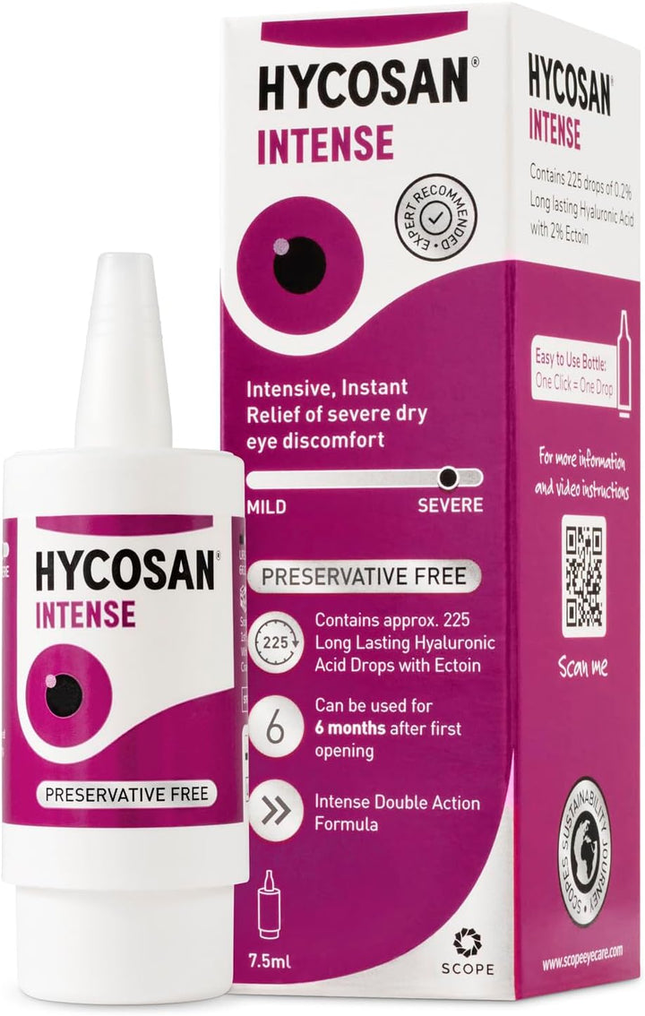 Hycosan Intense Twin Pack - Eye Drops for Long-Lasting Intensive Lubrication & Instant Relief for Itchy, Burning Sensations and Severe Dry Eyes - Preservative Free - 2X225 Measured Doses