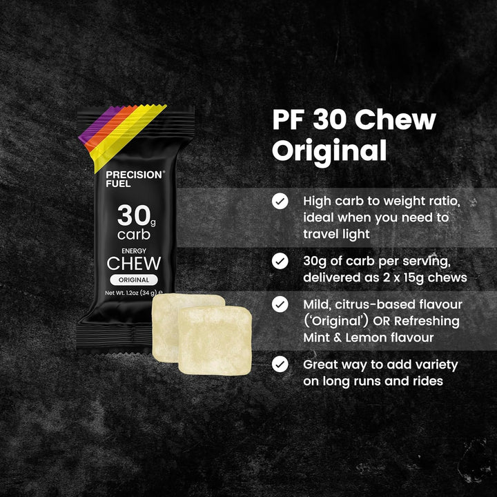 Precision Fuel 30 Energy Chews - High Carb,Lightweight Snack for Endurance Sports,30G Carbs per Serving,Ideal for Running & Cycling,No Artificial Ingredients - Original and Mint Lemon (4 X 34G Chews)
