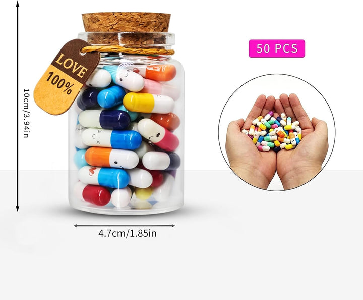 Capsule Letters Message in a Glass Bottles, 50Pcs Cute Smiling Face Love Friendship Letter Color Pill with Wishing Bottle, Message Pills for Boys Girls Friends Family