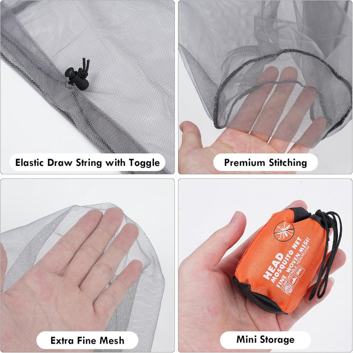Midge Head Net, Mosquito Head Protecting Net with Storage Bag, Mosquito Head Net Face Mesh, Fine Mesh Insect Netting Cover for Outdoor, Hiking, Camping, Climbing, Walking, Fishing (Grey, 2PCS)