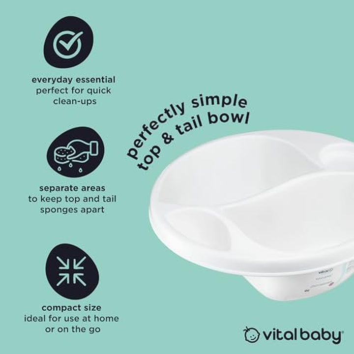 Perfectly Simple Top & Tail Bowl, Everyday Basic Top & Tail Bowl for Baby'S Baths, 2 Seperate Areas for Top and Tail Sponges, Ergonomic Design, Lightweight & Portable, 0M+, White