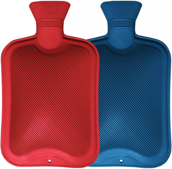 Pack of 2 Hot Water Bottles Natural Rubber Large Hot Water Bottle 2L Large Capacity | Ribbed Hot Water Bag for Pain Relief Secure & Leakproof (Assorted Colours)