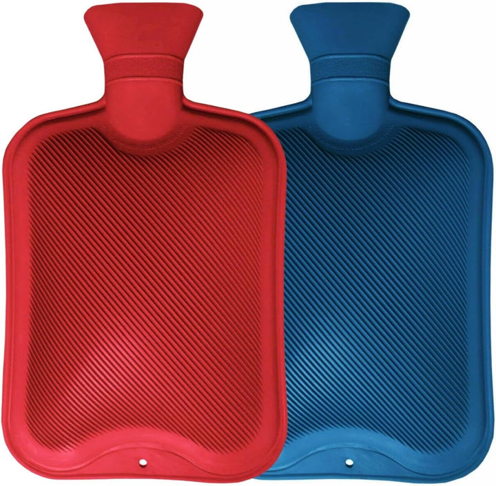 Pack of 2 Hot Water Bottles Natural Rubber Large Hot Water Bottle 2L Large Capacity | Ribbed Hot Water Bag for Pain Relief Secure & Leakproof (Assorted Colours)