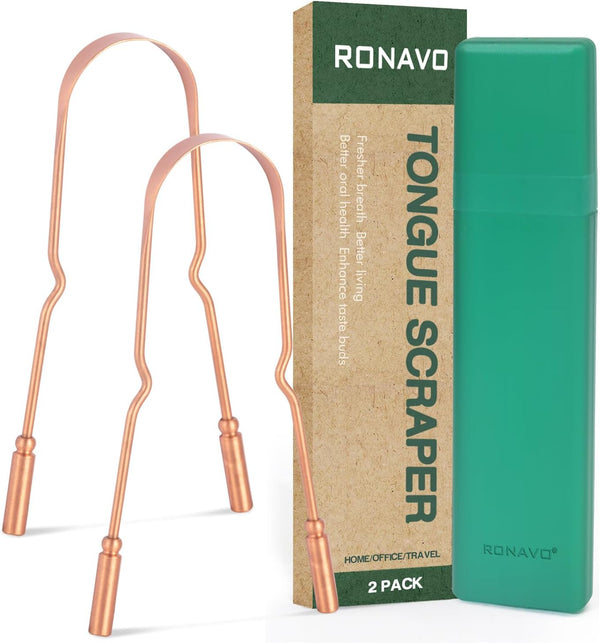 Copper Tongue Scraper for Adults (2 Pack), 100% Pure Copper, Naturally Anti-Microbial, Banishes Bad Breath and Maintains Oral Hygiene, Tongue Cleaner with Travel Case, Easy to Use and Clean