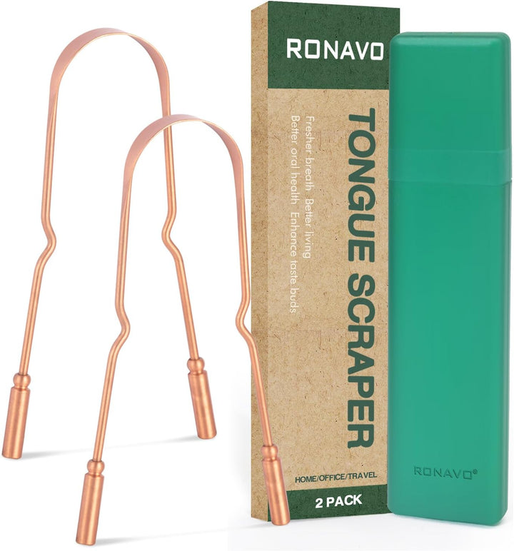 Copper Tongue Scraper for Adults (2 Pack), 100% Pure Copper, Naturally Anti-Microbial, Banishes Bad Breath and Maintains Oral Hygiene, Tongue Cleaner with Travel Case, Easy to Use and Clean