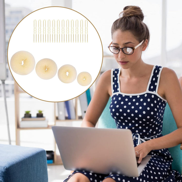 4Pcs Hair Donut Hair Bun Shaper Set,Chignon Bun Maker Hairring Style Accessories for Dancer Ballet Girls,4 Sizes Beige Donut Bun Maker and 12Pcs Golden Bobby Pins,Doughnut Bun Hairaccessories