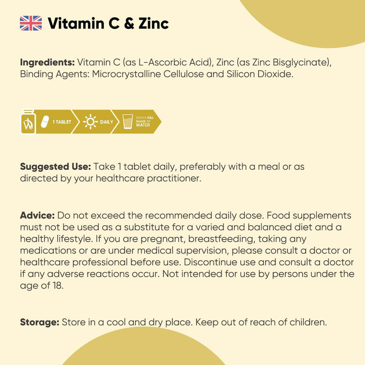 Vitamin C and Zinc Supplements - 6 Months Supply - 180 Tablets - 1 per Day - 1000Mg L-Ascorbic Acid & 10Mg Zinc Bisglycinate - Vegan-Friendly & Non-Gmo - Vitamin C Tablets for Men & Women