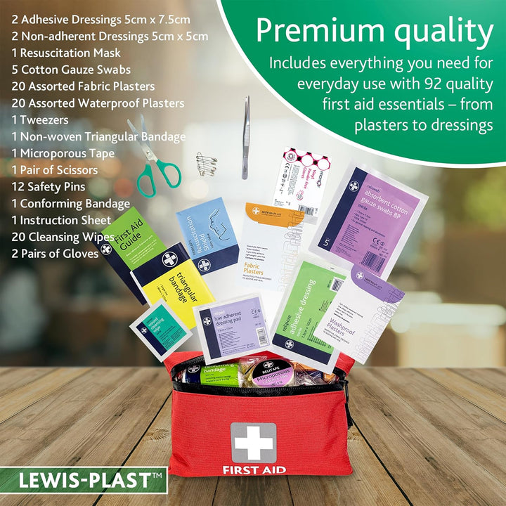 Premium 92 Piece First Aid Kit - Safety Essentials for Travel, Car, Home, Camping, Work, Hiking & Holiday Red , Small