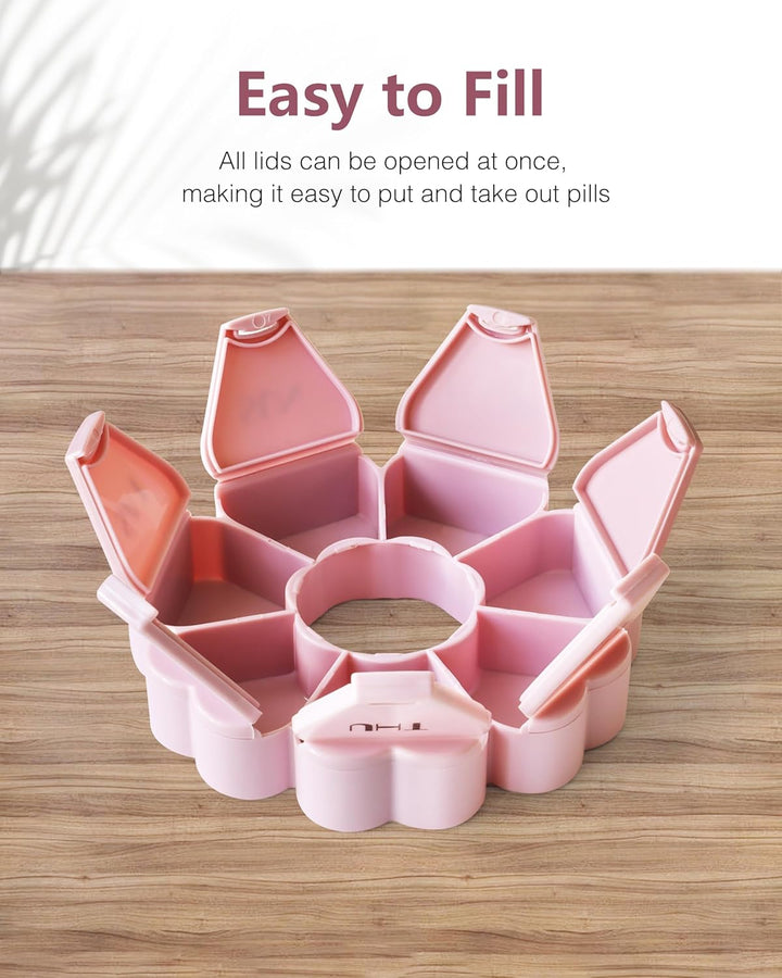 Weekly Pill Organiser, Cute, 7 Day, Large Compartments, Portable Tablet Box, Round, Vitamin and Supplement Case (Pink)