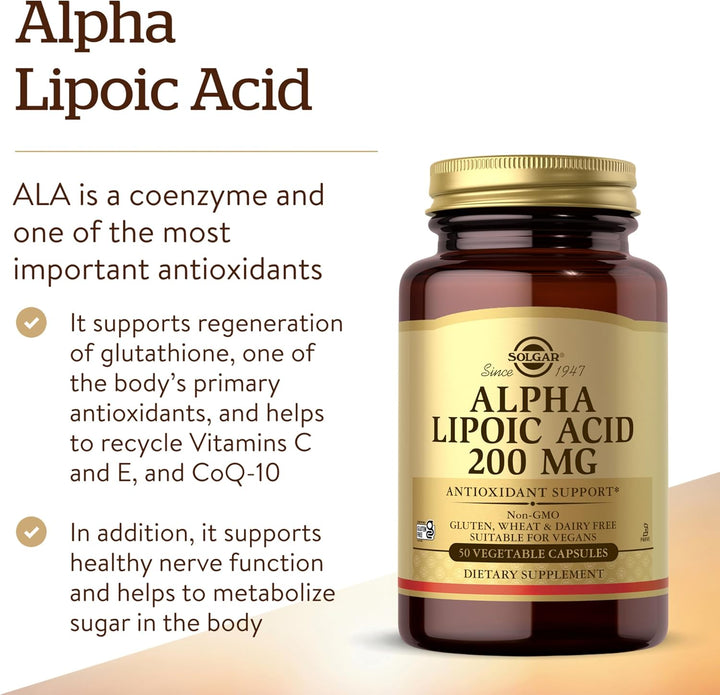 Alpha Lipoic Acid 200 Mg Vegetable Capsules - Food Supplement, Pack of 50 - Antioxidants - Vegan, Gluten Free