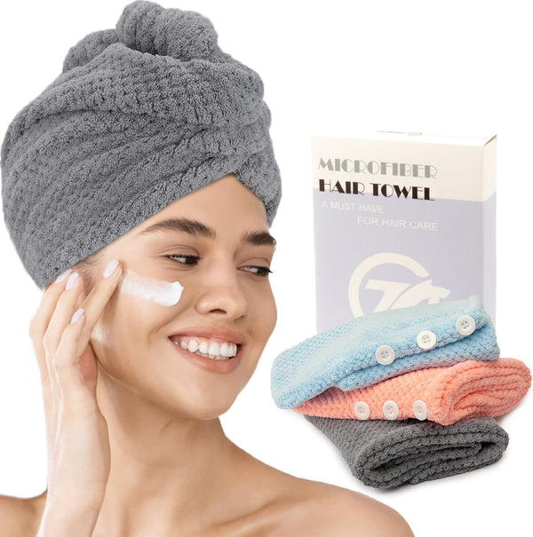 3-Pack Microfibre Hair Towel Wrap, Anti-Frizz Turbans, Super Absorbent and Soft Hair Drying Towel with 3 Adjustable Buttons for Women Men Kids Wet Curly Long Plopping