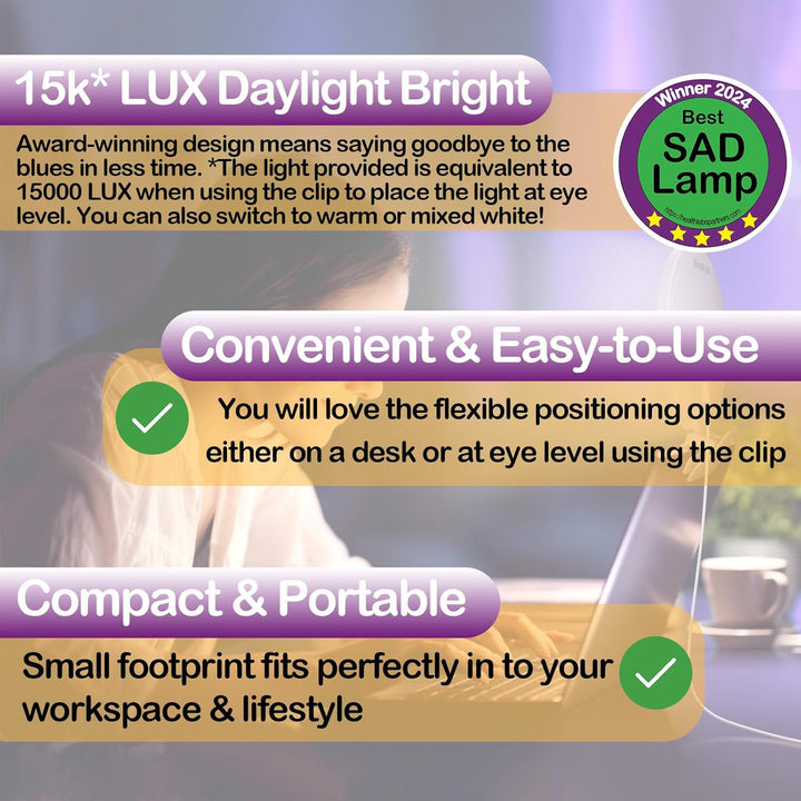 SAD Lamp, Our SAD Light Therapy Lamp Has 10K / 10,000 Lux Daylight, 3 Colour Temps, 10 Daylight Lamp Brightness Levels, UV, Flicker Free and Sun Light Optimised for Good Melanopic Efficiency