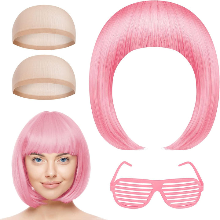 Pink/B Short Bob Wig for Women, 3 PCS, Synthetic Straight Wig, Heat Resistant, Modern Style, Perfect for Cosplay, Parties & Everyday Use