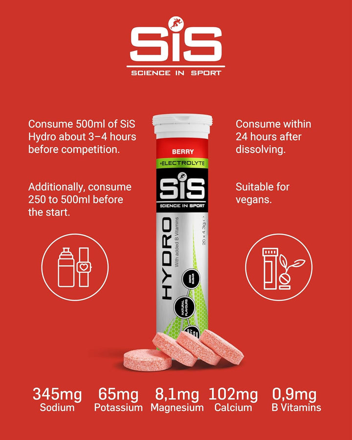 Hydro Electrolyte Tablets 20 Pcs. Berry – Vegan & Gluten-Free, Ideal to Promote Hydration and Maintain Electrolytes Balance (Packaging May Vary)