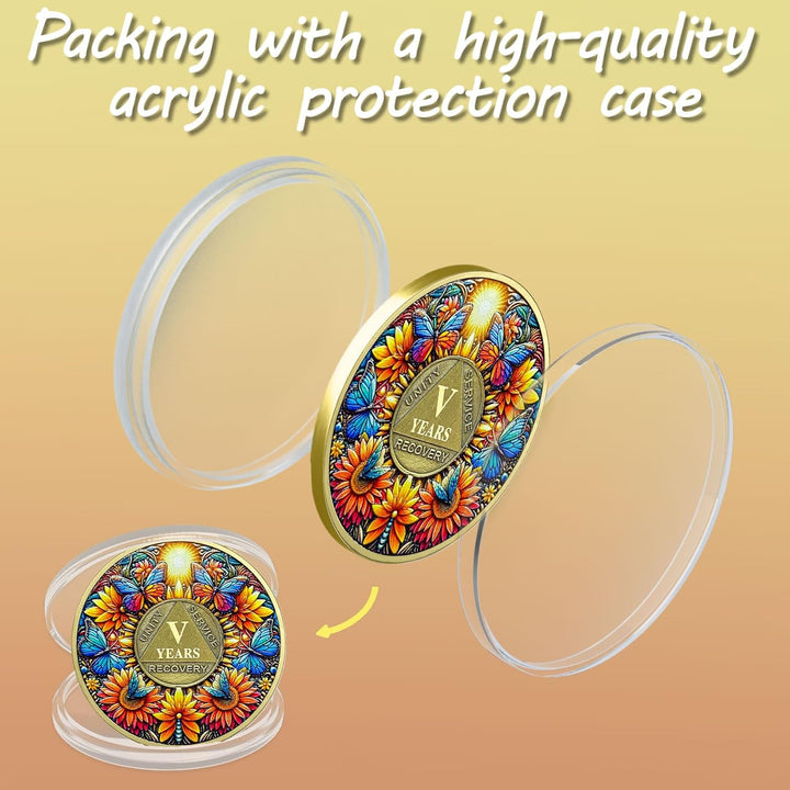 Sobriety Coin, 5 Year Sunflower Butterfly Sobriety Chip AA Coin and Medallions One Day at a Time Sober Token Narcotics Alcoholics Anonymous Recovery Gifts