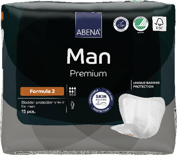 Man Formula 2 Incontinence Pads for Men, Eco-Labelled Mens Incontinence Pads, Extra Protection, Breathable & Comfortable with Fast Absorption, Discreet - 700Ml Absorbency, 15PK