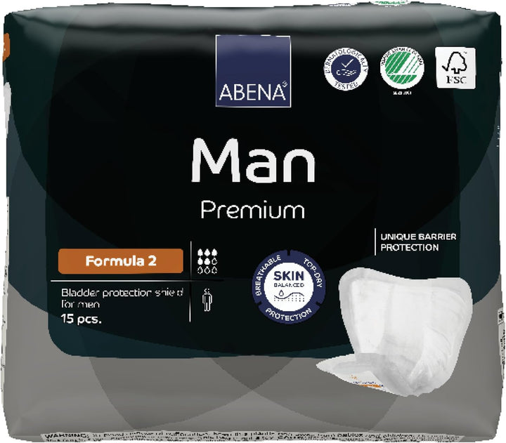Man Formula 2 Incontinence Pads for Men, Eco-Labelled Mens Incontinence Pads, Extra Protection, Breathable & Comfortable with Fast Absorption, Discreet - 700Ml Absorbency, 15PK