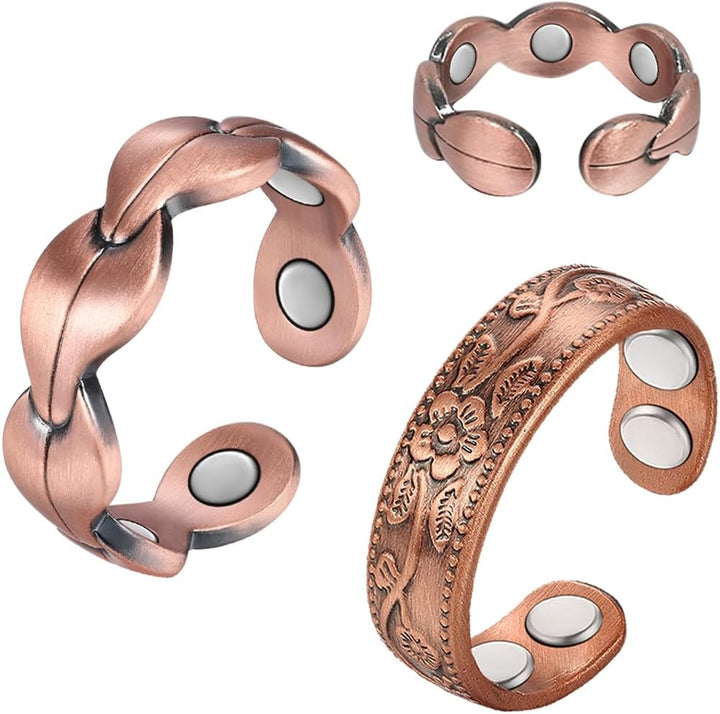 2PCS Copper Magnetic Rings for Women & Men with Strong Ultra Strength Magnets 99.99% Solid Pure Copper Adjustable with Gift Box