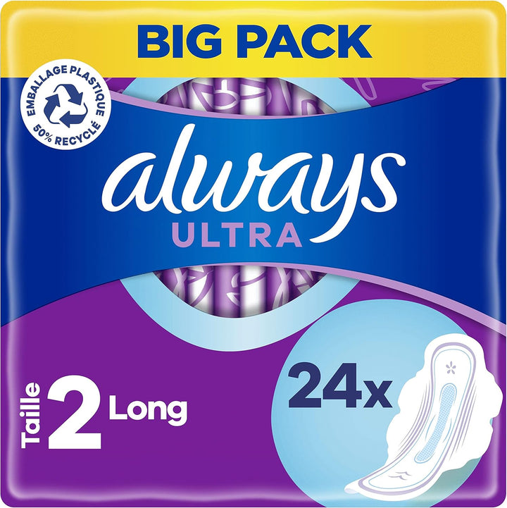 Ultra Sanitary Towels Long (Size 2) Wings X 24 Pads, Super Absorbent and Ultra Thin, for Menstrual Periods 24 X 4