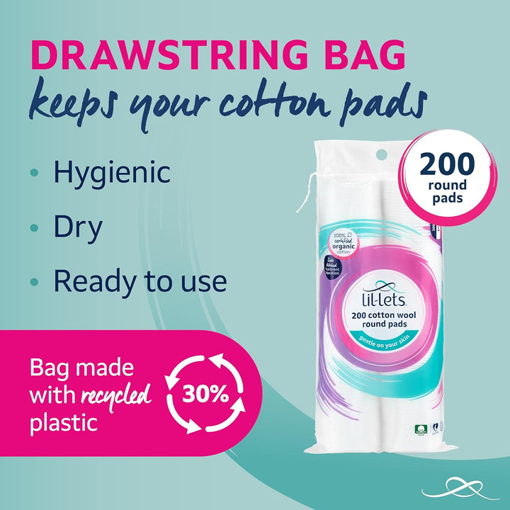 Cotton Wool round Pads, 200 Count, Certified Organic, 100% Pure Cotton Wool, Soft and Absorbent, Gentle on Skin, Dermatologically Tested, Bulk Pack