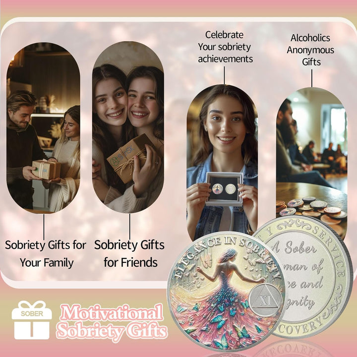 Elegant 11 Year Sobriety Coin, Butterfly Metamorphosis AA Coin - Sister Power Sober Chip for Eleven Year Addiction Recovery, Clean Living Sobriety Gift for Women
