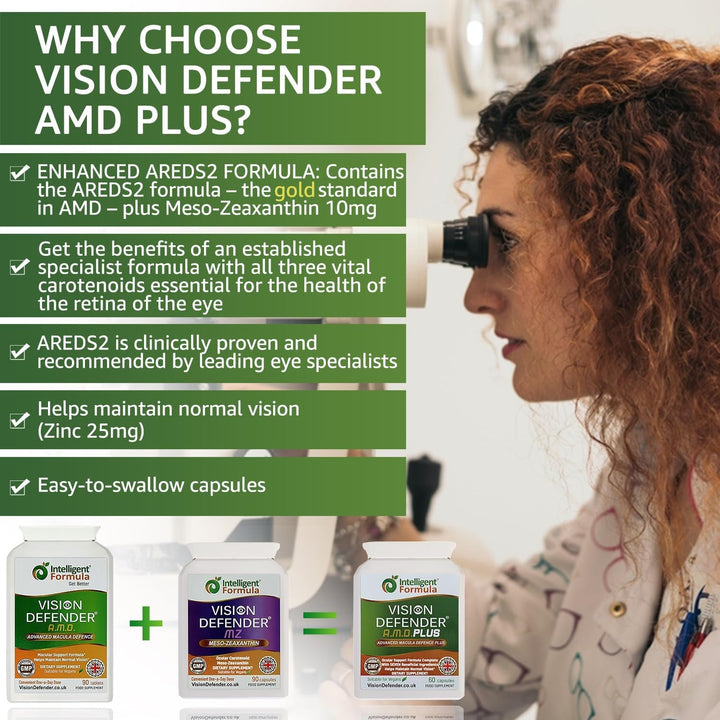 Vision Defender plus Eye Supplement – Complete AREDS2 Eye Vitamins Enhanced with Meso-Zeaxanthin – Lutein, Zeaxanthin, Vitamins C & E, Zinc, Copper – 7 Nutrients for Eye Health – 60 Vegan Capsules