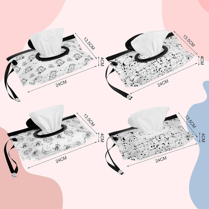 4 Pack Reusable Wipe Case, Extra Large 10" X 6" Refillable Wipe Dispenser Travel Container in Black and White