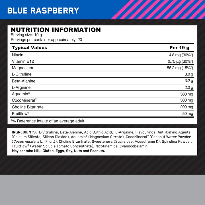 on Platinum Pump Pre-Workout, Intense Caffeine-Free Pre-Workout Food Supplement with Fruitflow, Beta-Alanine, L-Arginine, L-Citrulline, Blue Raspberry Flavour, 20 Servings, 380 G