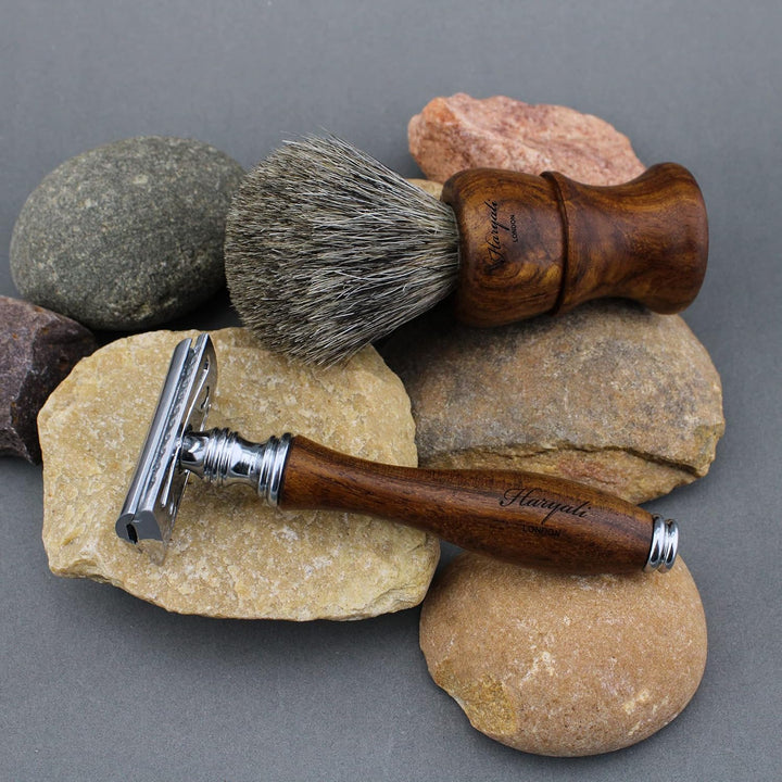 Wooden Shaving Kit for Men – 3 Pcs Double Edge Safety Razor Set with Pure Badger Hair Brush & Shaving Stand – Mens Grooming Kit Wet Shaving Gift Set.