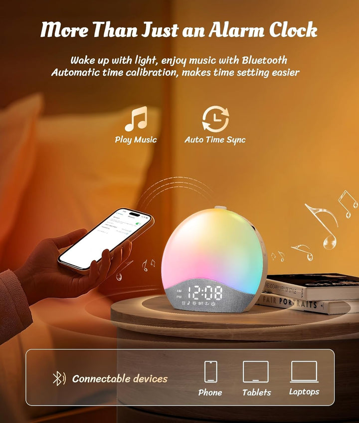 Sunrise Alarm Clock, White Noise Machine, Bluetooth Sync, 26 Sounds, 17 Night Lights, Upgraded Backlit Button, Sunrise/Sunset Simulation, Wake up Light for Heavy Sleeper, Elderly, Kid