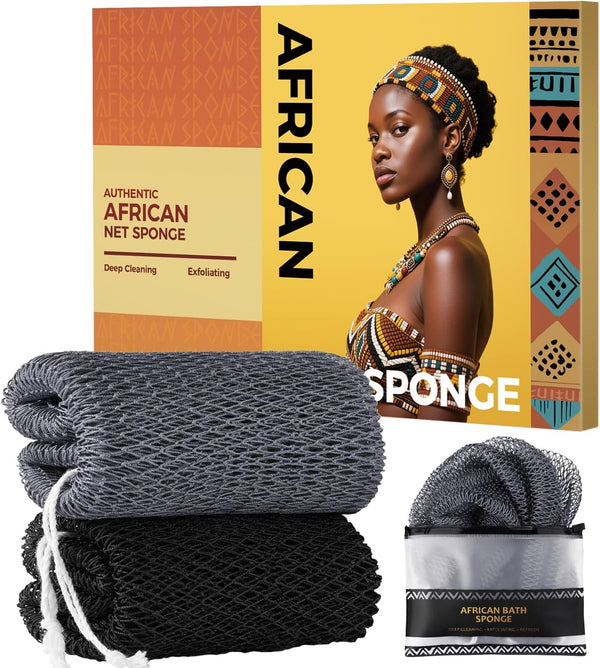 African Net Sponge Authentic - 2 Pieces Body Back Scrubber Bath Sponge with Knots - Afro Loofah Exfoliating Wash Cloth for Shower - African Body Care Daily Use Bathing Accessories