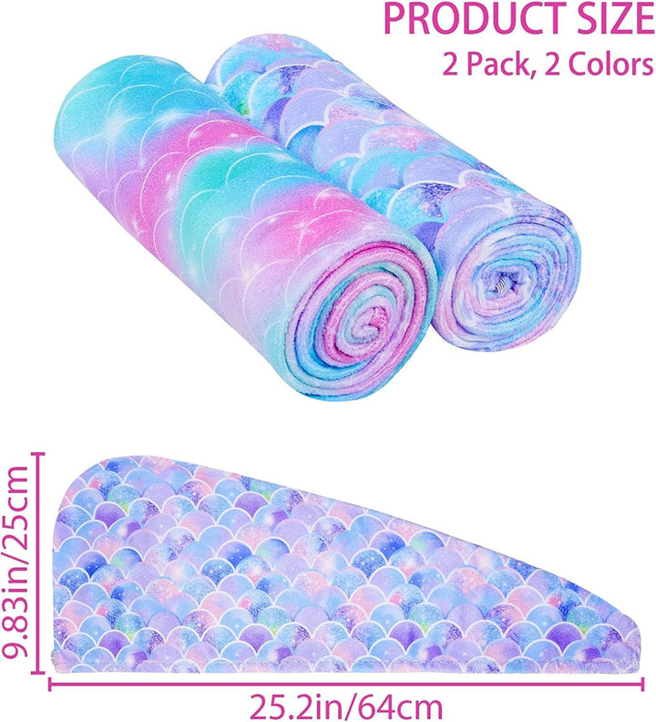 2 Pack Microfibre Hair Towels - Quick Drying & Ultra Absorbent, with Button. Designed for Wet Hair Wraps, Women'S & Girls' (Mermaid)
