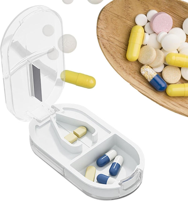 Small Pill Cutter, Pill Cutter and Organizer Combo, Small Pill Box Medicine Supplement Pill Case Dispenser for Outdoor Travel