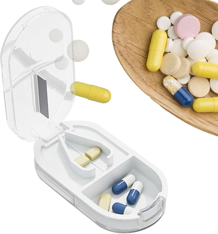 Small Pill Cutter, Pill Cutter and Organizer Combo, Small Pill Box Medicine Supplement Pill Case Dispenser for Outdoor Travel