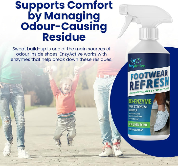 Shoe Refresh & Deodriser Spray Odour Neutraliser Linen Fresh Kick with Enzymes Sweat Eliminator for Trainers, Shoes, Sandals, Hiking Boots, Slippers for Bad Odours from Smelly Feet 500ML