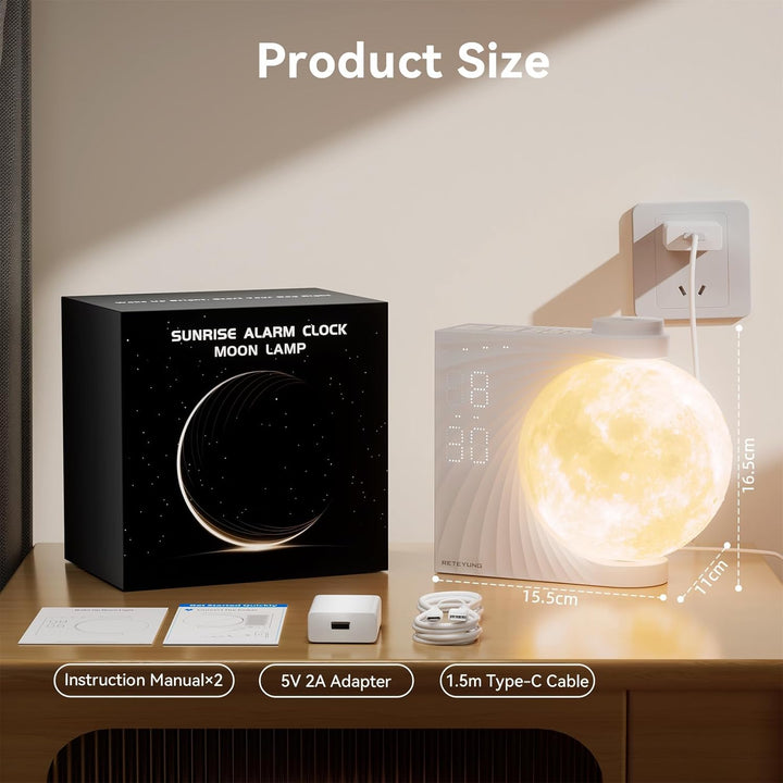 Moon Lamp Sunrise Alarm Clock, 2 Alarm Clocks, Wake up Light 8 Atmosphere Colours, Natural Sound Bedside Lamp, 3 Levels of Brightness Night Light Gifts for Women Girls Boys, Home Decoration.