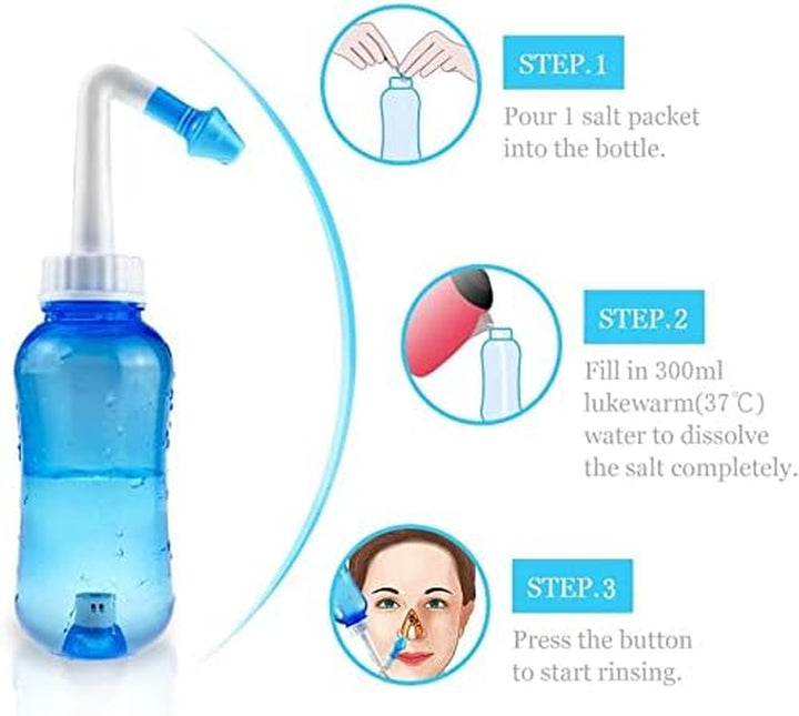 Neti Pot, Sinus Rinse Bottle 300Ml, Nose Cleaner, Nasal Irrigation System with 30 Nasal Wash Salt Packets and Sticker Thermometer for Adult & Kid BPA Free(300Ml,Blue)