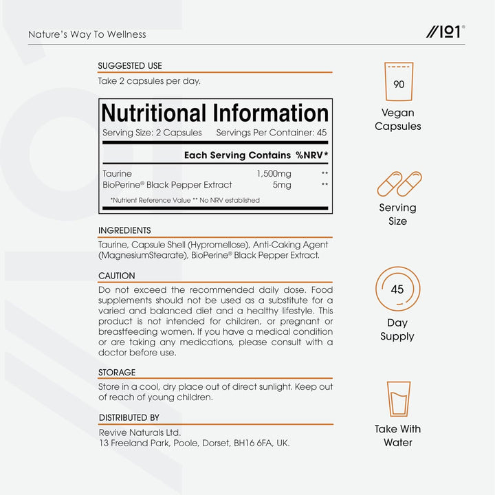 L-Taurine 1500Mg with Bioperine® - 90 Vegan Capsules - Potent Amino Acid Supplement - 45 Day Supply - by