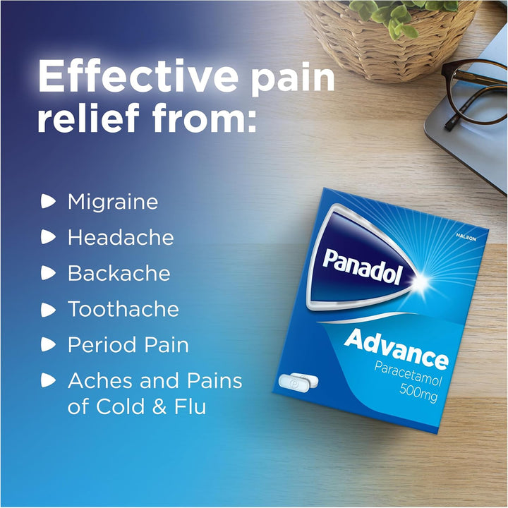 Advance Painkillers, 500Mg Paracetamol Tablets, Pain Relief for Migraines, Headaches, Backache, Period Pain and Toothache, Pack of 16