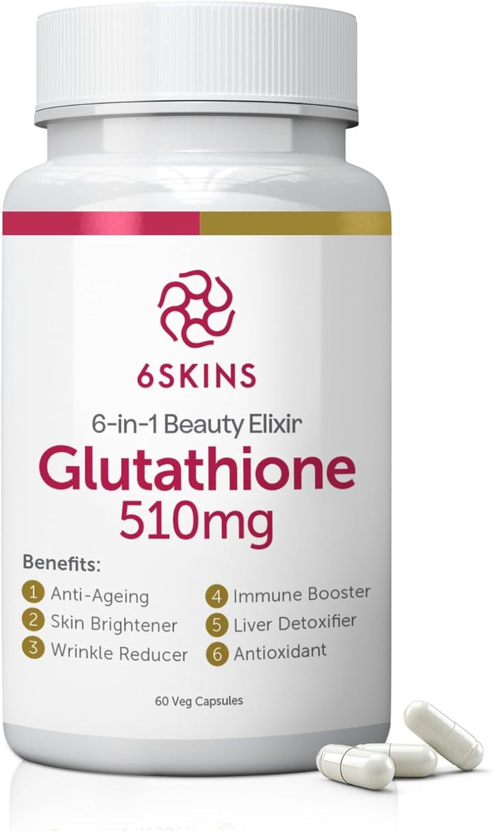 6In1 Beauty Elixir with L-Glutathione 510Mg, NAC 102Mg, Hyaluronic Acid 150Mg Glutathione Supplement with 4X Absorption - Immune and Liver Support, Powerful Antioxidant for Skin - 60 Capsules
