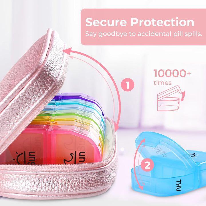 Pink PU Leather Bag Pill Boxes 7 Day 2 Times a Day, Large AM/PM Pill Box Organiser with Portable Zipper Leather Bag for Holding Supplements, Vitamins and Fish Oils