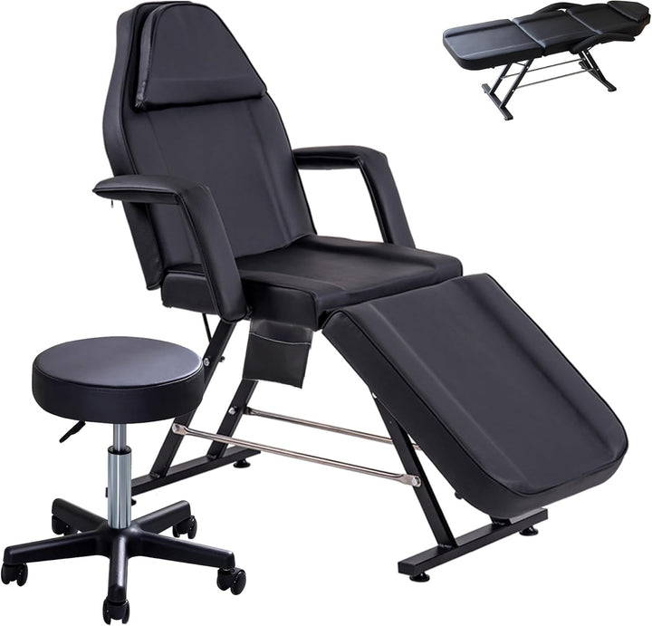 Beauty Bed with Stool Massage Table with Head Cushion 3 Section Adjustable Beauty Bed Professional Tattoo SPA Salon Chair (Black)